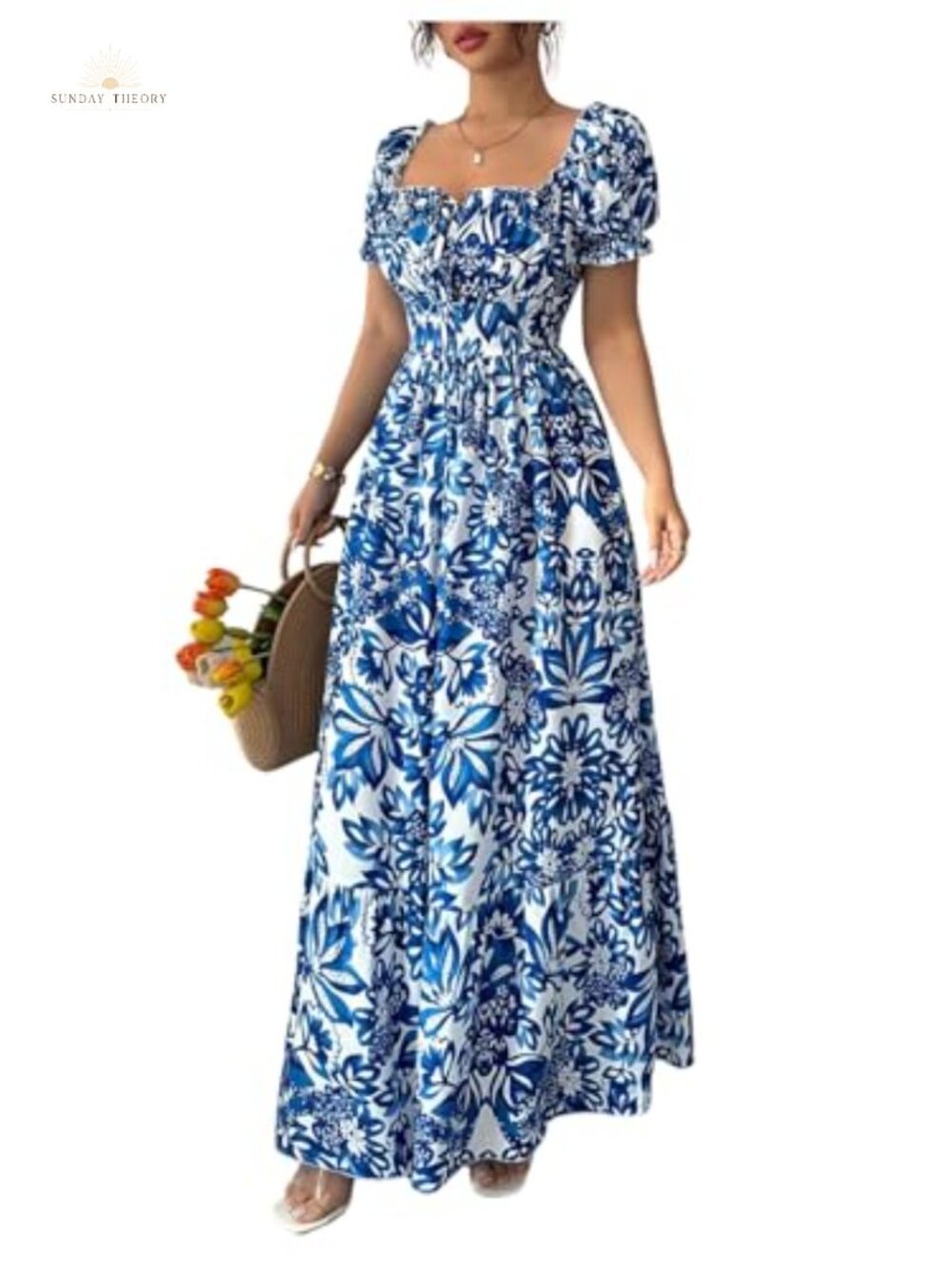 Short Puff Sleeve Sweetheart Neck Smocked Milkmaid A-Line Maxi Dress